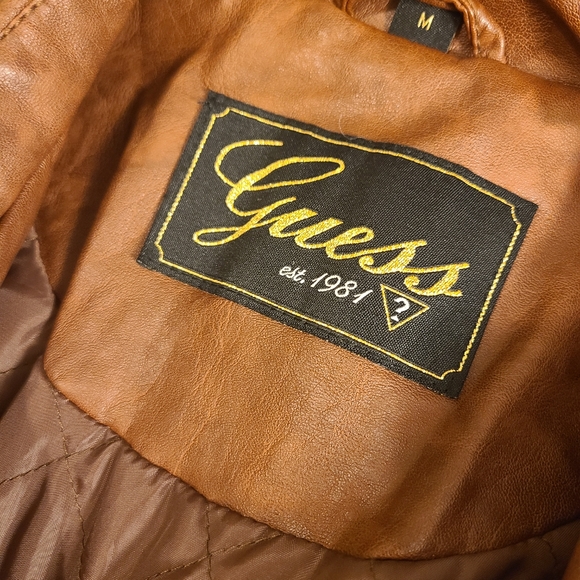 🔥GUESS Moto Biker Bomber Faux Leather Belted Jacket ~ Cognac Color Size Medium - Picture 3 of 6
